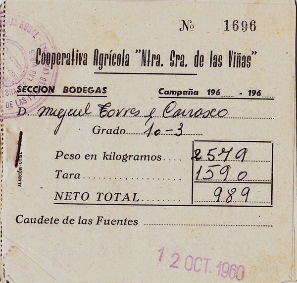 Recibo de la cooperativa, sobre kilos y grados, año 1960